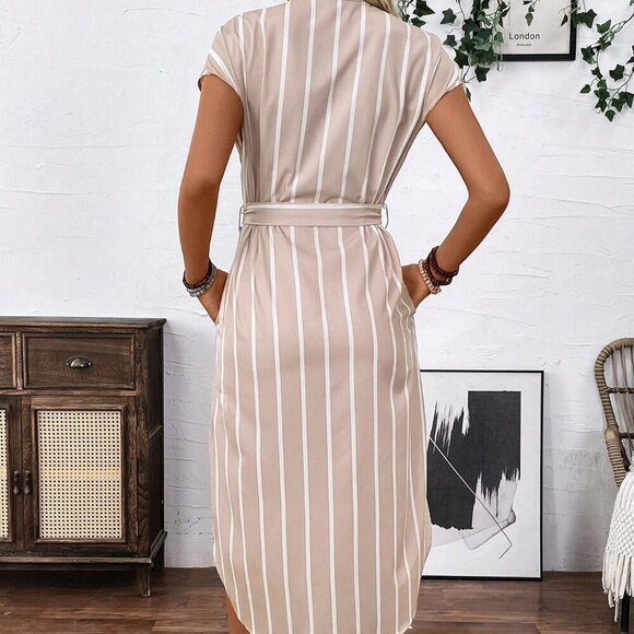 Apricot Casual Women's French-Style Striped Color-Block Shirt Dress - Picture 2 of 8